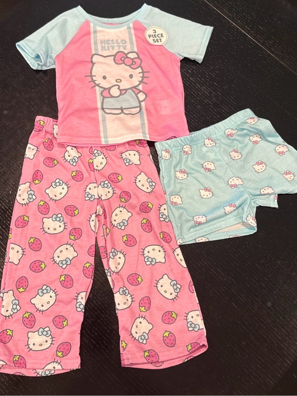 Hello Kitty Pink & Light Blue 3-Piece Pajama Set - Top, Pants & Shorts